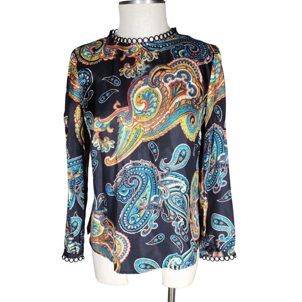 J CREW sz 2 100% silk black paisley long sleeve shell blouse shirt